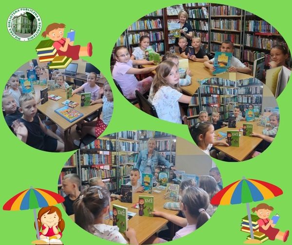 kolaż zdjęć dzieci i wychowawczyni z książkami przy stoliku na górze logo biblioteki i grafika dziecka z książkami na dole grafiki zdjęć dzieci z książkami i parasolem