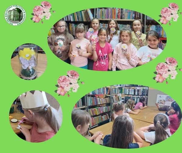 kolaż zdjęć dzieci podczas słuchania książki tworzenia kwiatów dla mam oraz grupowe zdjęcie z pracami dzieci dookoła grafiki kwiatów po lewej logo biblioteki