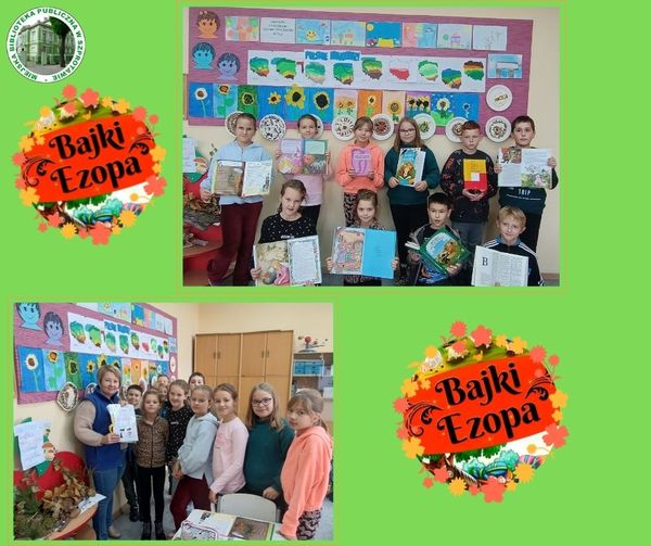 kolaż zdjęć dzieci z bibliotekarką i książkami na górze logo biblioteki po prawej i lewej grafika z napisem bajki Ezopa