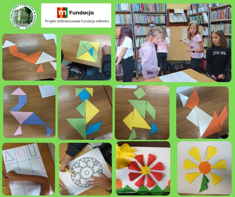 kolaż zdjęć postaci z tangramu i dzieci podczas zajęć na górze logo biblioteki i mfundacji z napisem projekt dofinansowała fundacja mbanku