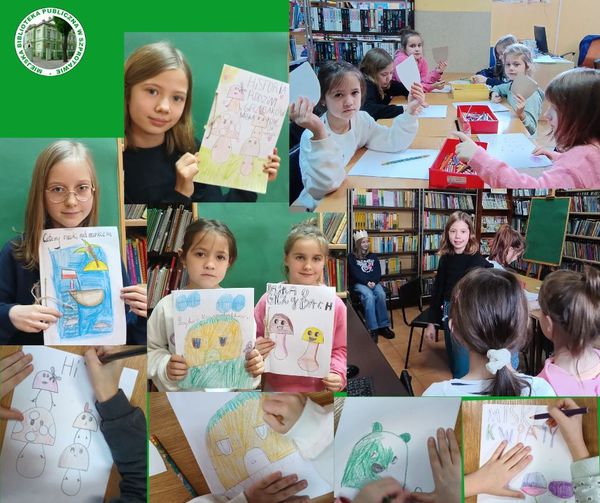 kolaz zdjęć dzieci podczas zajęć i z pracami plastycznymi misek, po lewej stronie logo biblioteki