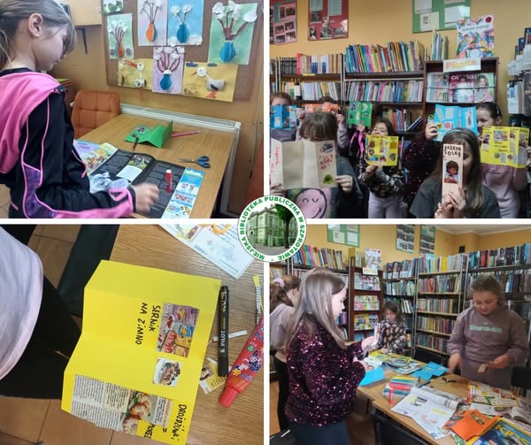 kolaż zdjęć dzieci podczas tworzenia książek w formie harmonijki i z gotowymi pracami pośrodku logo biblioteki