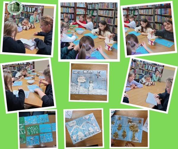 kolaż zdjęć dzieci przy stoliku podczas tworzenia prac plastycznych oraz zdjęcia gotowych prac 3D na górze po lewej logo biblioteki