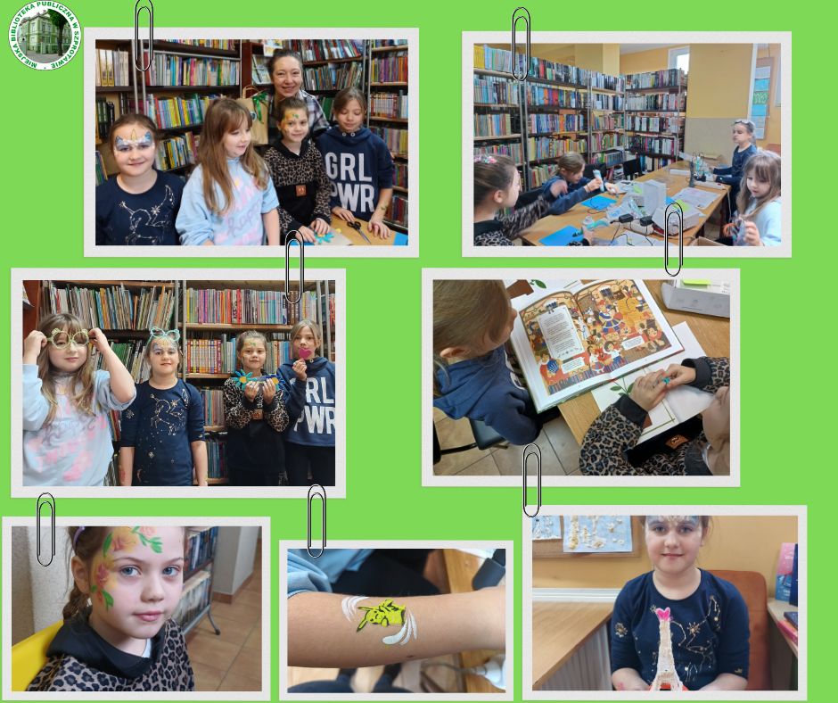 kolaż zdjęć dzieci z pania Dorotą z malunkami buzi podczas oglądania książki i podczas rysowania z długopisami 3D po lewej logo biblioteki