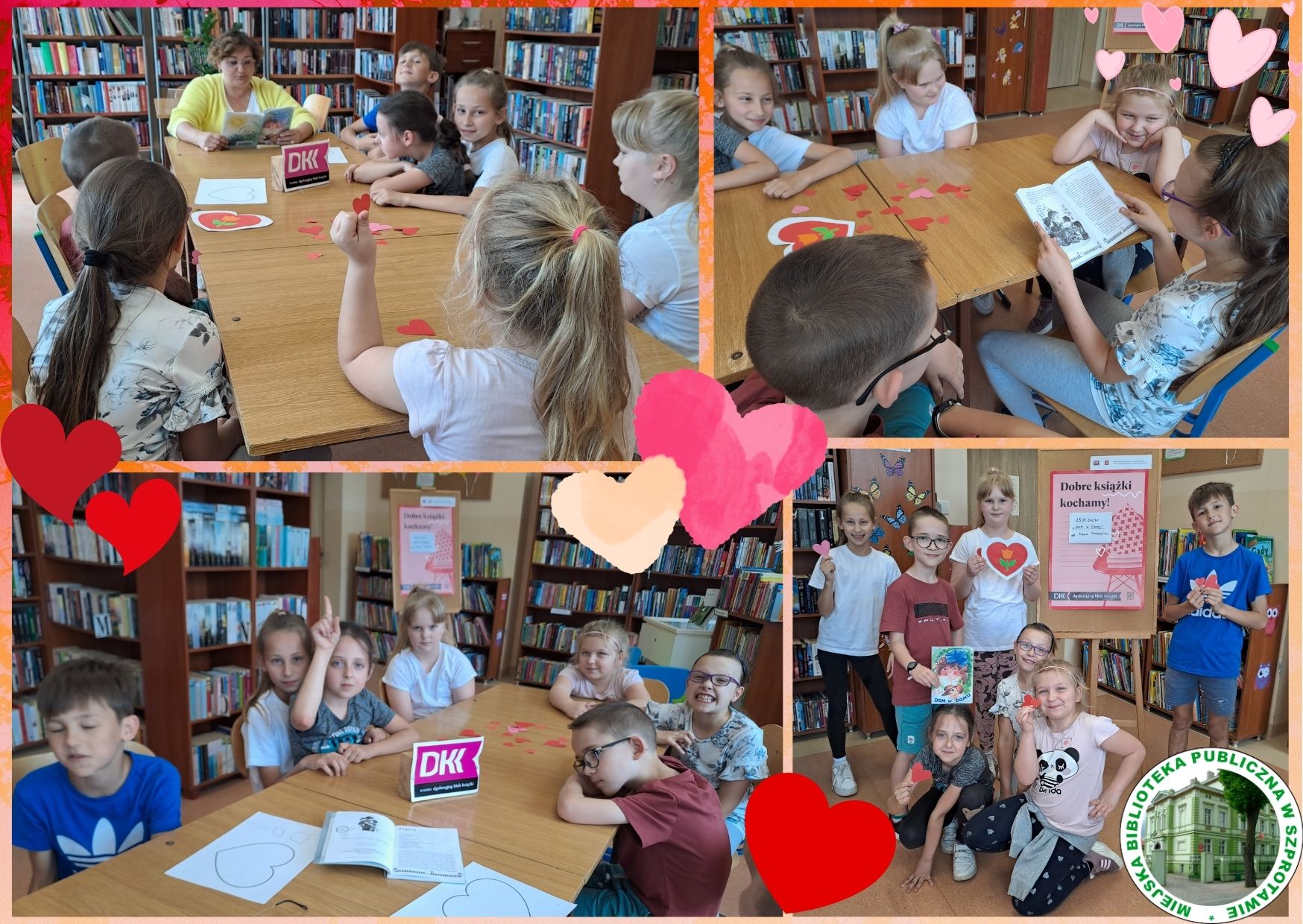 kolaż zdjęć bibliotekarki i dzieci podczas czytania i słuchania książki oraz zdjęcie grupowe z książką i plakatem DKK otoczonymi serduszkami po lewej stronie logo biblioteki