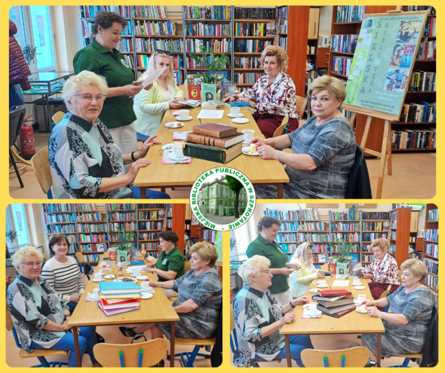kolaż zdjęć bibliotekarki oraz czytelniczek przy stoliku z książkami pośrodku logo biblioteki