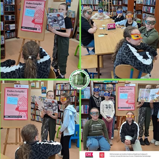 kolaż zdjęć dzieci w papierowych maskach przy stoliku i z książką przy plakacie DKK pośrodku logo biblioteki na dole belka logotypowa DKK,. instytutu książki i informacja o dofinansowaniu ze środków instytutu książki