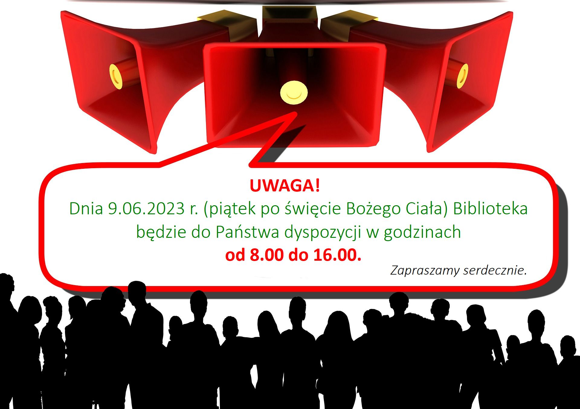 Uwaga! Dnia 9 czerwca 2023 roku (piątek po święcie Bożego Ciała) biblioteka będzie do państwa dyspozycji w godzinach od 8 do 16. Zapraszamy serdecznie