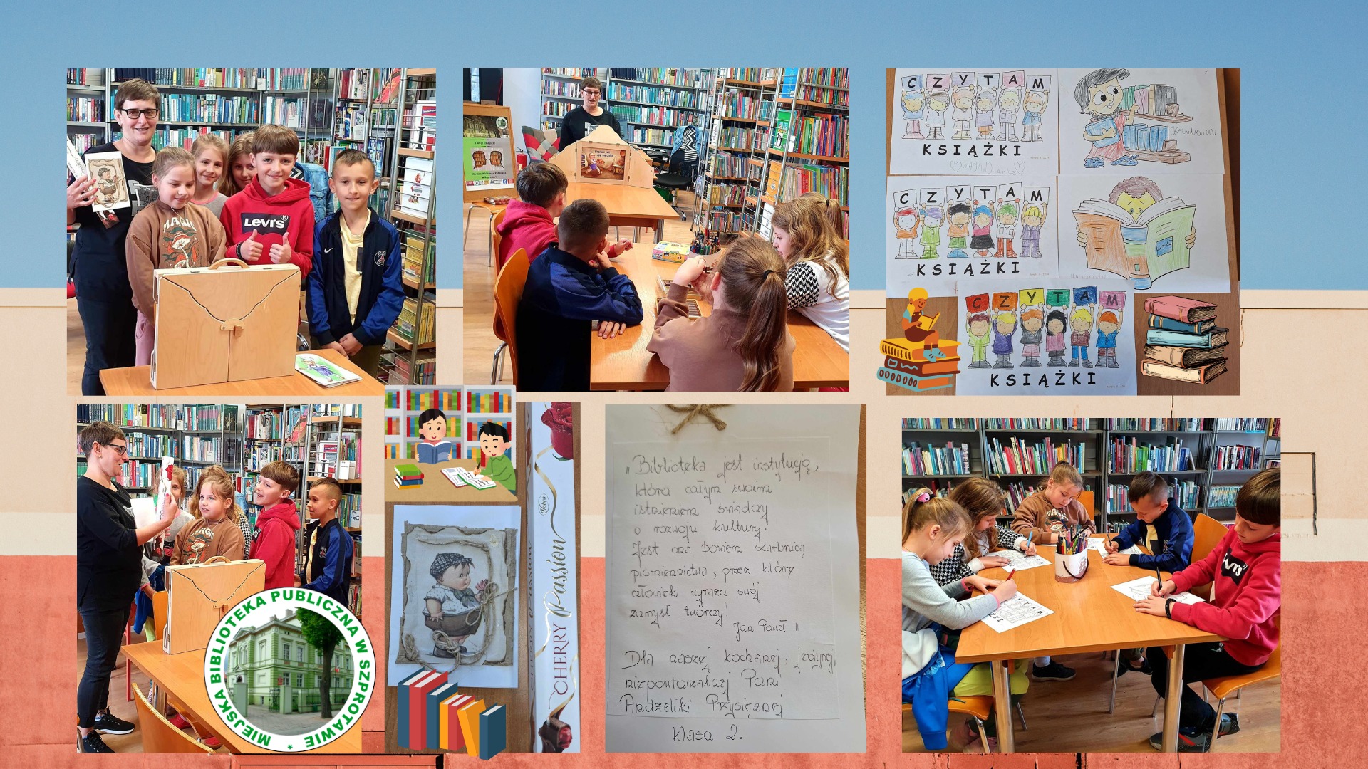 kolaż zdjęć bibliotekarki i dzieci przy stoliku i oglądających teatrzyk kamishibai oraz kartki z życzeniami i kolorwankami dzieci po lewej logo biblioteki
