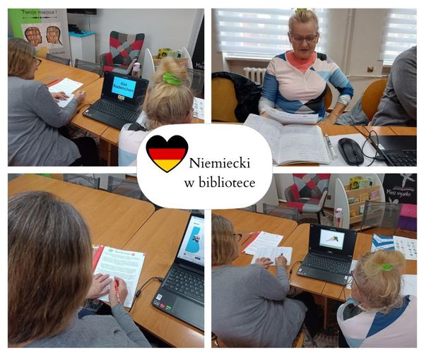 kolaż zdjęć czytelniczek podczas pracy na laptopach pośrodku serce z flagą Niemieck i napis Niemiecki w bibliotece