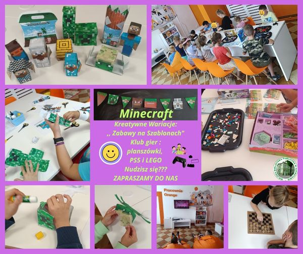 kolaż zdjęć dzieci podczas składania papierowych modeli oraz podczas gier pośrodku napis Minecraft kreatywne wariacje zabawy na szablonach klub gier planszówki PS5 i LEGO nudzisz się??? zapraszamy do nas, po prawej logo biblioteki