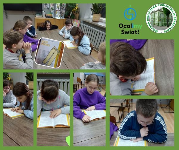kolaż zdjęć dzieci w trakcie czytania książki przy stoliku na górze logo biblioteki i ocalimy świat