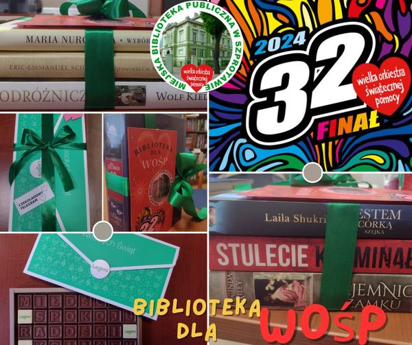 kolaż zdjęć pakietów książek czekoladowego telegramu oraz plakat wośp na górze logo biblioteki na dole napis biblioteka dla WOŚP