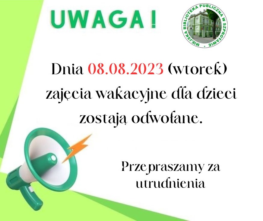 Uwaga Dnia 08.08.2023 wtorek zajęcia wakacyjne dla dzieci zostają odwołane. Przepraszamy za utrudnienia