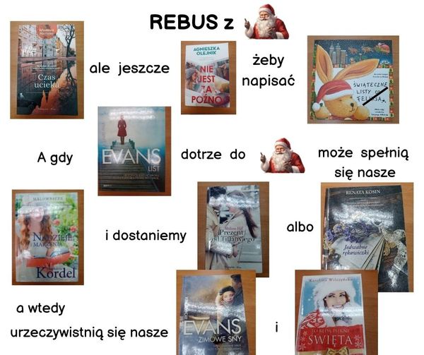 kolaż okładek książek i wyrazów które tworzą świąteczny rebus z Mikołajem