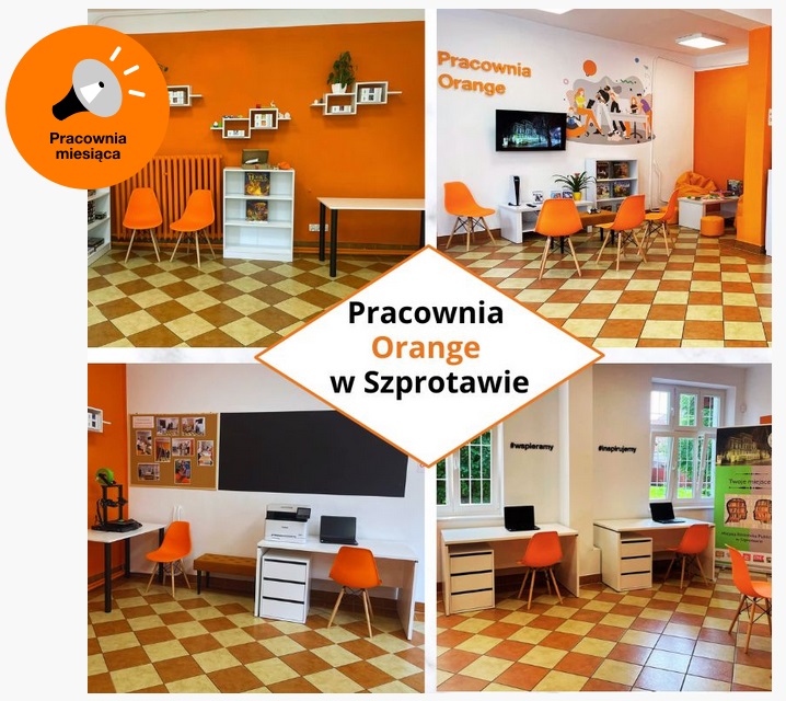 kolaż zdjęć pracowni orange w szprotawie z napisem Pracownia orange w Szprotawie oraz znaczek z megafonem i napis pracownia miesiąca