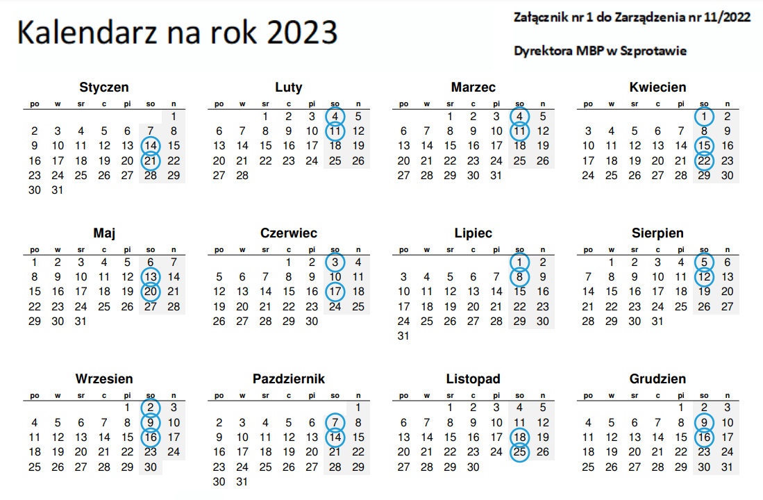 kalendarz otwartych sobót na 2023